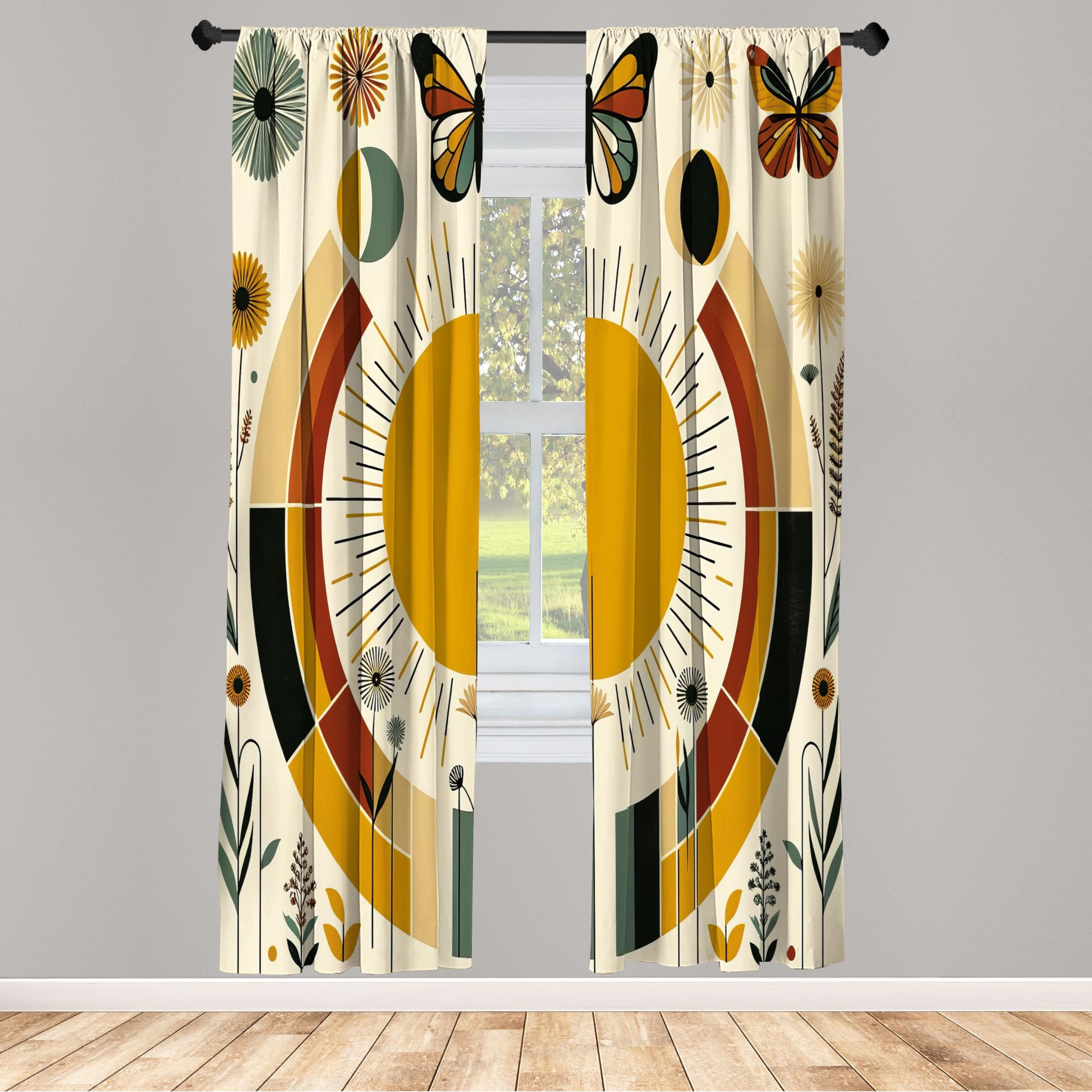 Ambesonne Mid Century Modern Window Curtains Pack Of 2, Bohemian Details Of Geometric Sun Butterfly And Leafy Floral, Lightweigh