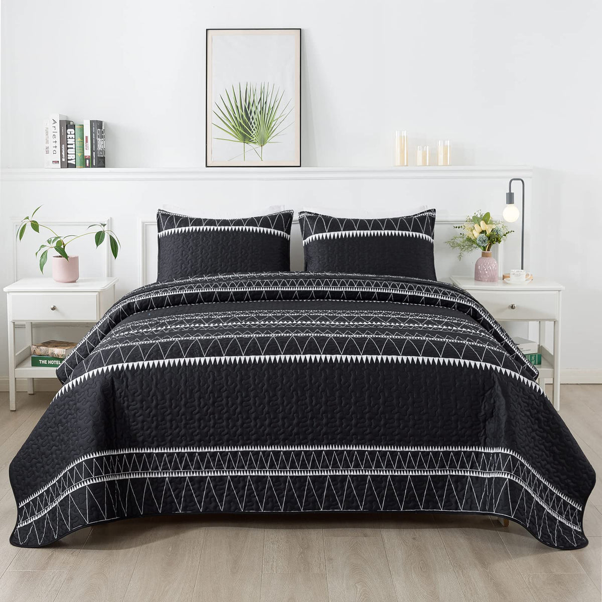 Andency Black Quilt Set Oversized King (118X120 Inch), 3 Pieces(1 Striped Triangle Printed Quilt And 2 Pillowcases), Bohemian Summer Lightweight Reversible Microfiber Bedspread Coverlet Sets