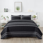Andency Black Quilt Set Oversized King (118X120 Inch), 3 Pieces(1 Striped Triangle Printed Quilt And 2 Pillowcases), Bohemian Summer Lightweight Reversible Microfiber Bedspread Coverlet Sets