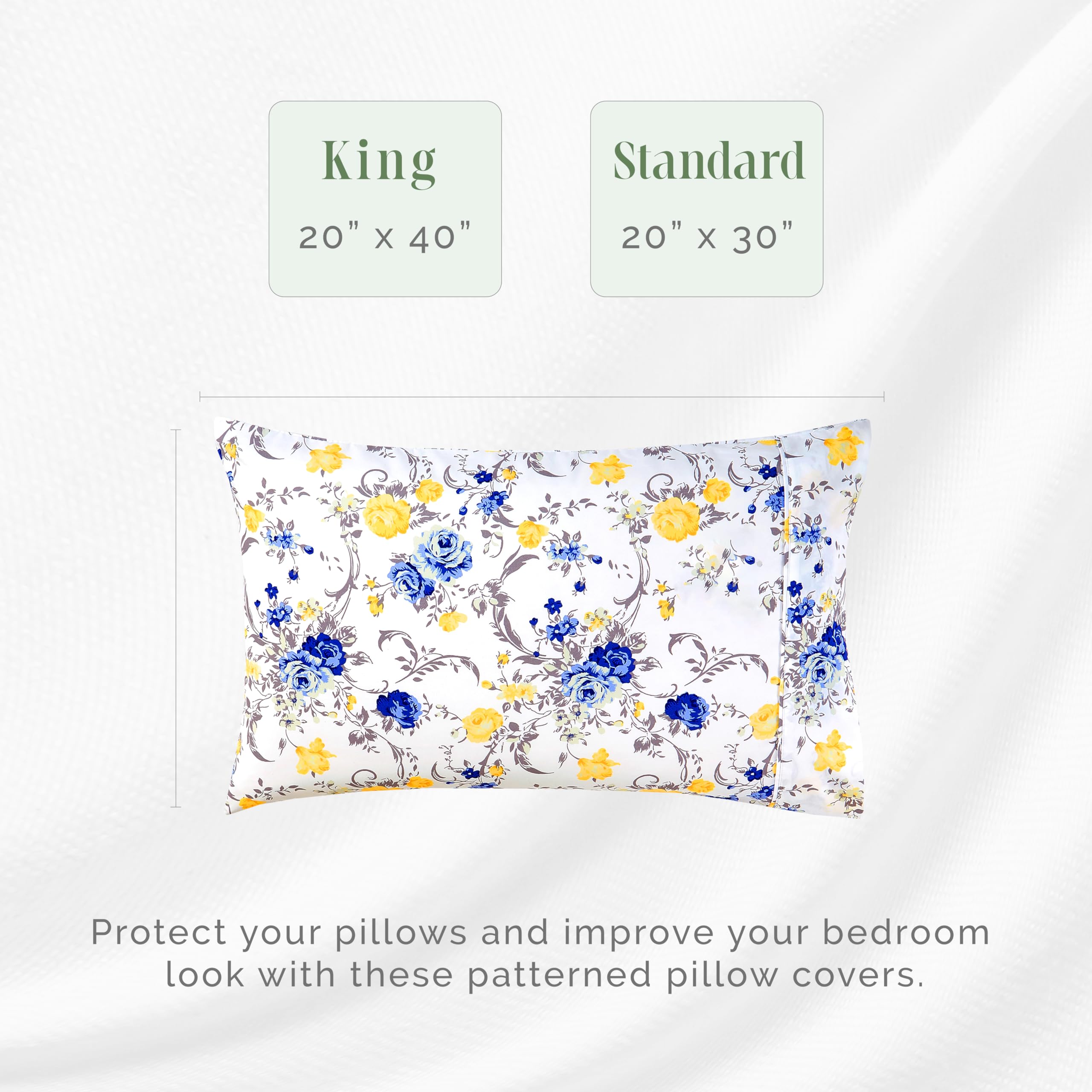 Elegant Comfort Ultra Soft Set Of 2 Floral Print Pillowcases - 1500 Premium Hotel Quality Microfiber, Soft And Smooth Envelope Closure 2-Piece Pillow Covers - Standard/Queen, Gold Jenna