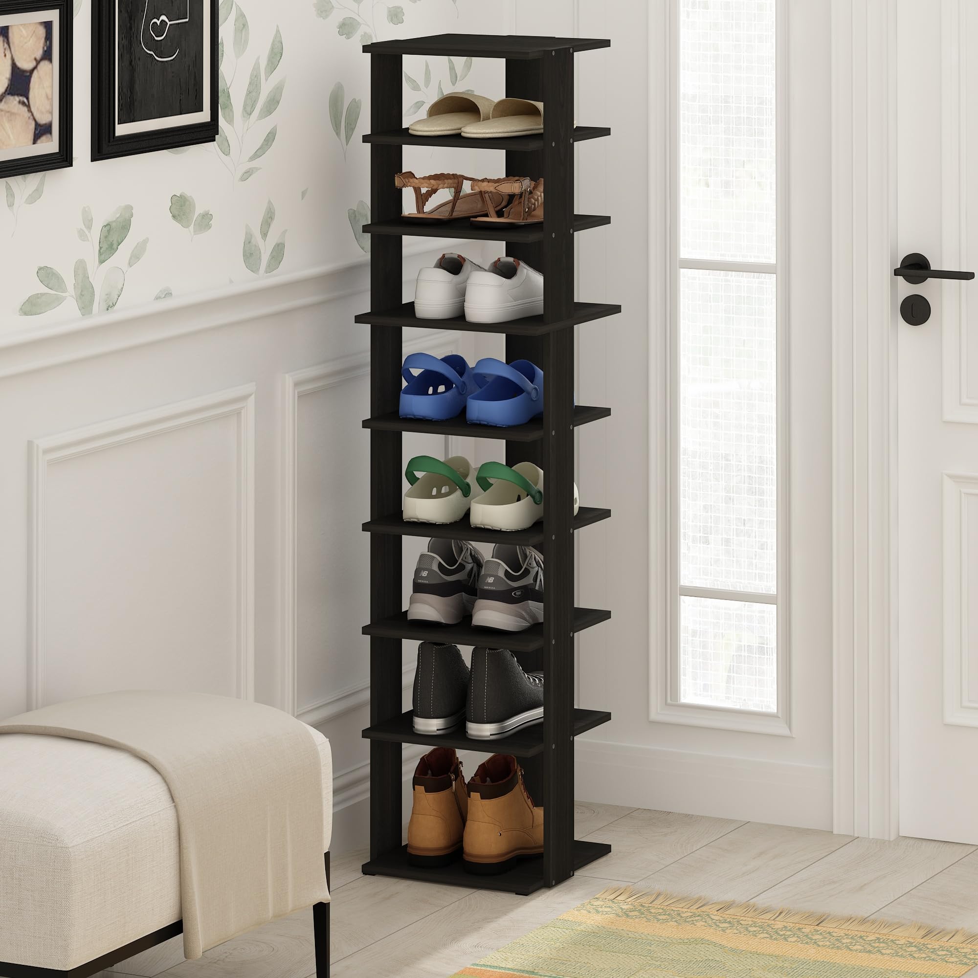 Furinno Compact 9-Tier Vertical Space Saving Free Standing Shoe Tower, Shoe Rack for Closet Entryway, Espresso