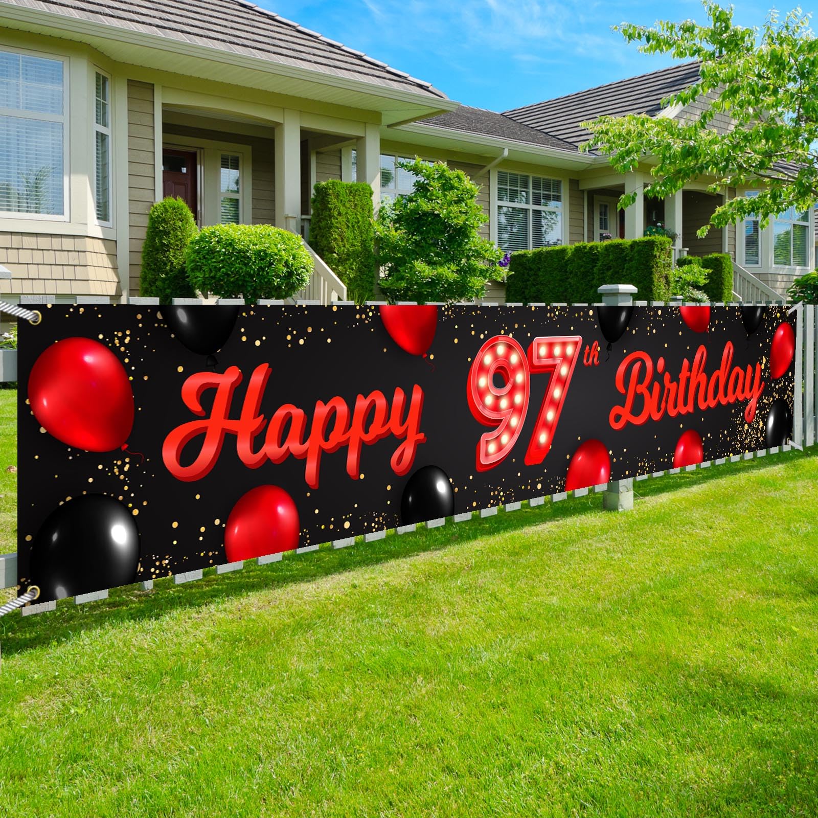 Happy 97th Birthday Red and Black Banner Backdrop Balloons Theme Decor for Yard Garden Girls Women Princess 97 Years Old Birthda