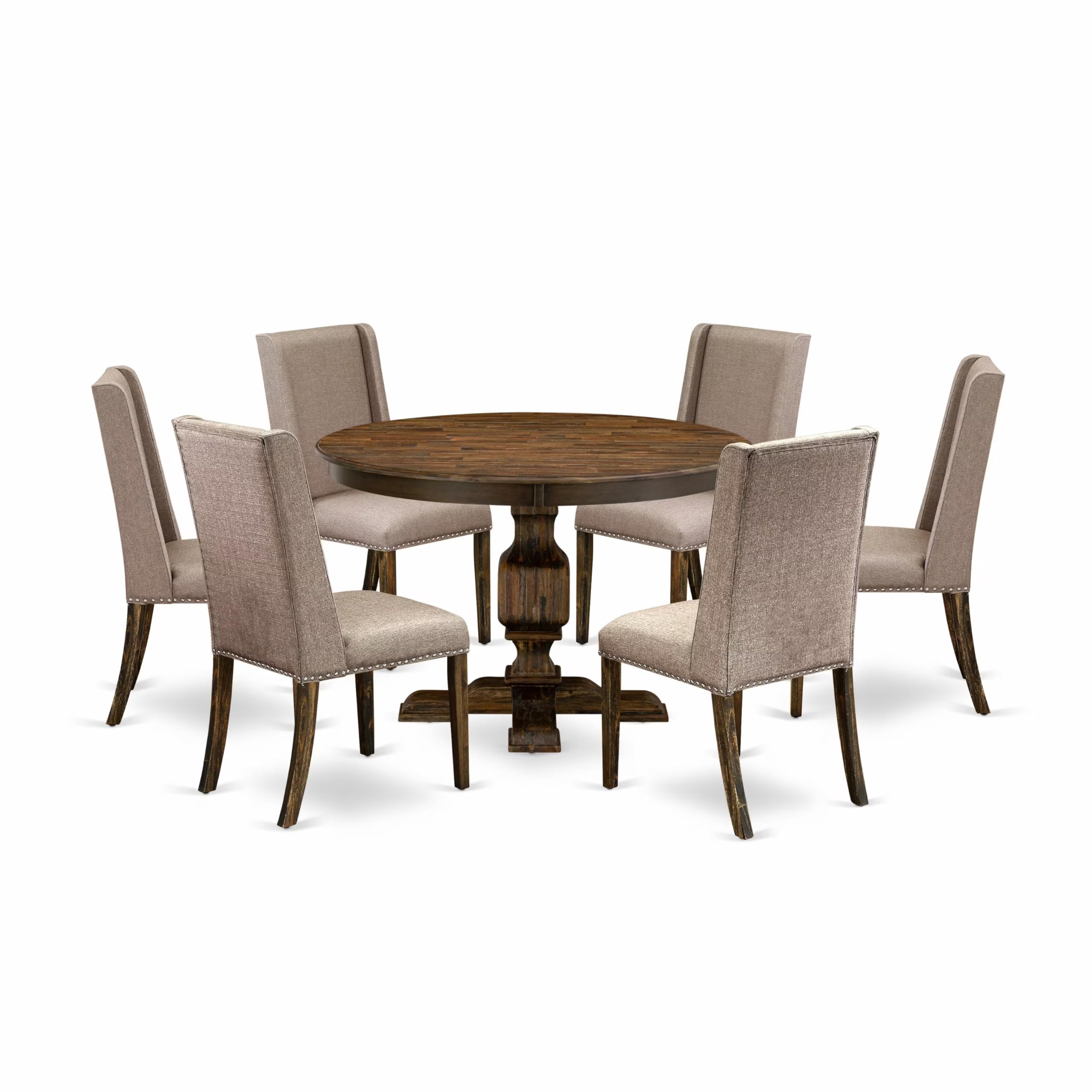 East West Furniture F3FL7-716 7 Piece Dining Set Consist of a Round Dining Room Table with Pedestal and 6 Dark Khaki Linen Fabric Upholstered Parson Chairs, 48x48 Inch, Distressed Jacobean