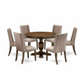 East West Furniture F3FL7-716 7 Piece Dining Set Consist of a Round Dining Room Table with Pedestal and 6 Dark Khaki Linen Fabric Upholstered Parson Chairs, 48x48 Inch, Distressed Jacobean