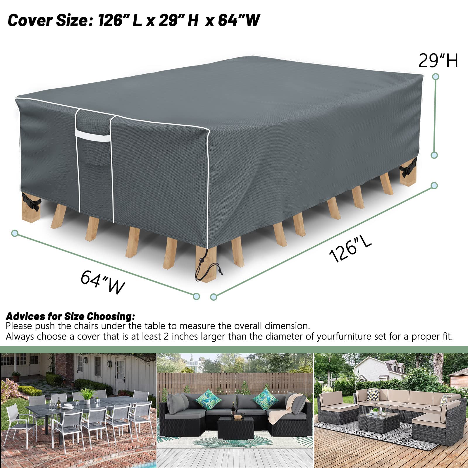 Gasadar Outdoor Furniture Cover Waterproof, Outdoor Sectional Cover, 500D Heavy Duty, All Weather Protection Rectangular Patio Covers For Outdoor Furniture Set, 126' L X 64' W X 29' H -Grey