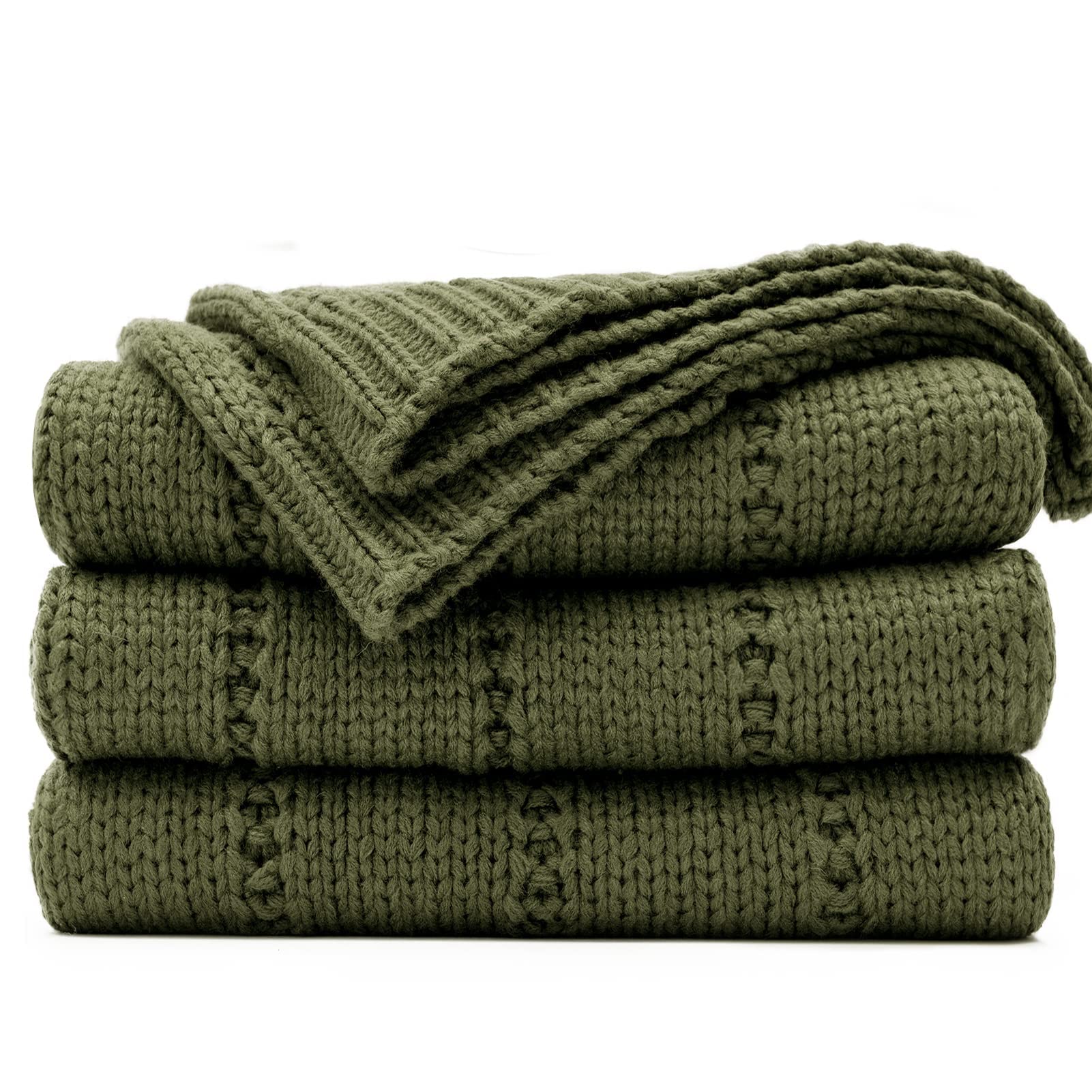 Recyco Cable Knit Moss Green Throw Blanket Twin Size For Couch, Super Soft Warm Cozy Decorative Knitted Throw Blanket 3.6Lb For