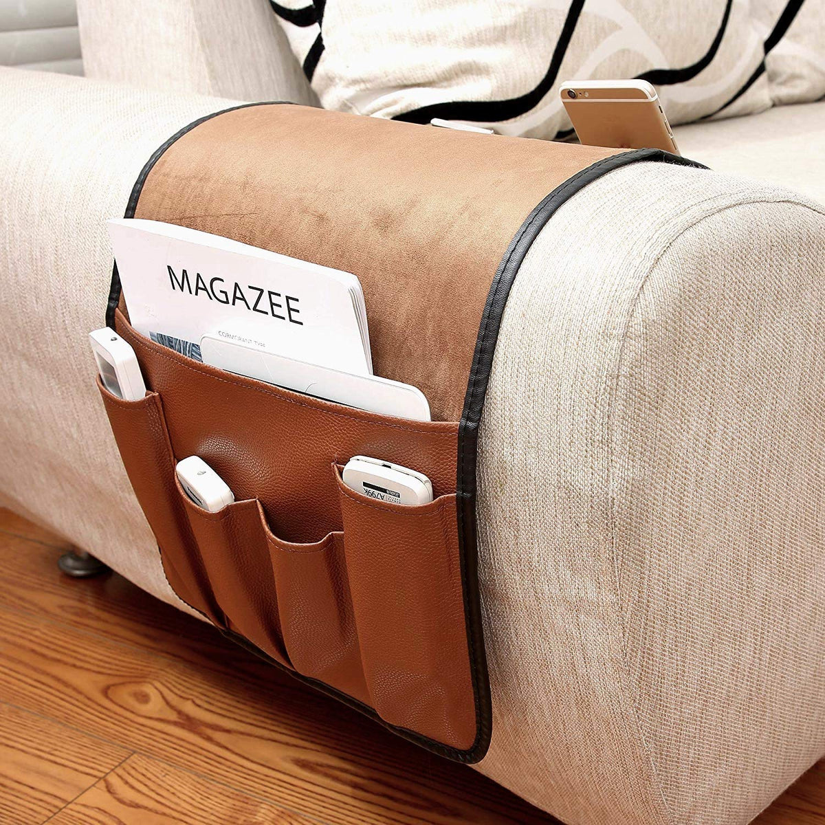Ipenny No-Slip Leather Sofa Couch Remote Control Holder Chair Armrest Caddy Pocket Organizer Storage Bag For Cellphone Tablet No