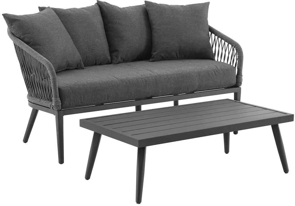 Crosley Furniture Dover 2-Piece Outdoor Coffee Table and Loveseat Patio Furniture Set for Porch, Deck, Matte Black with Charcoal Cushions