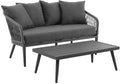 Crosley Furniture Dover 2-Piece Outdoor Coffee Table and Loveseat Patio Furniture Set for Porch, Deck, Matte Black with Charcoal Cushions