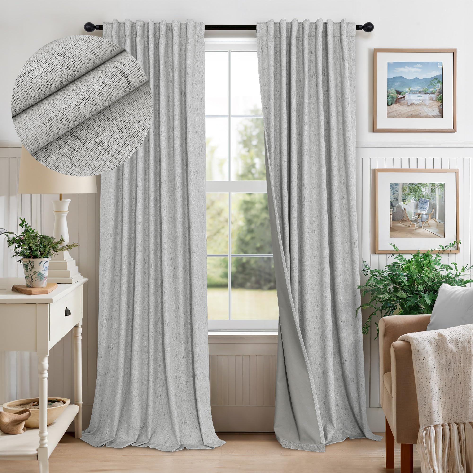 Light Grey Blackout Curtains 84 Inch Length 2 Panels for Dining Room Darkening Curtain for Bedroom Gray Linen Textured Black Out