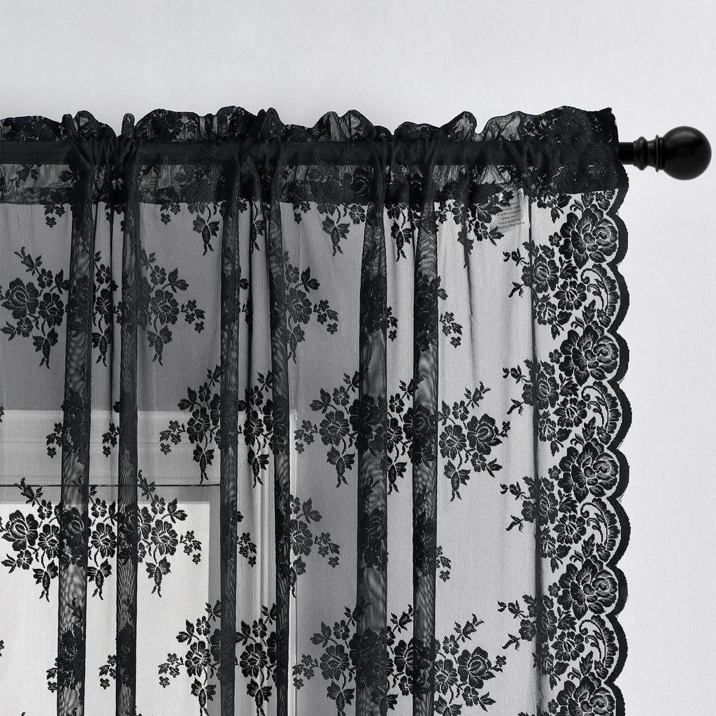 Kotile Black Lace Curtains 63 Inch Length 2 Panels, Country Rustic Floral Gothic Sheer Curtains For Halloween, Rod Pocket Vintag