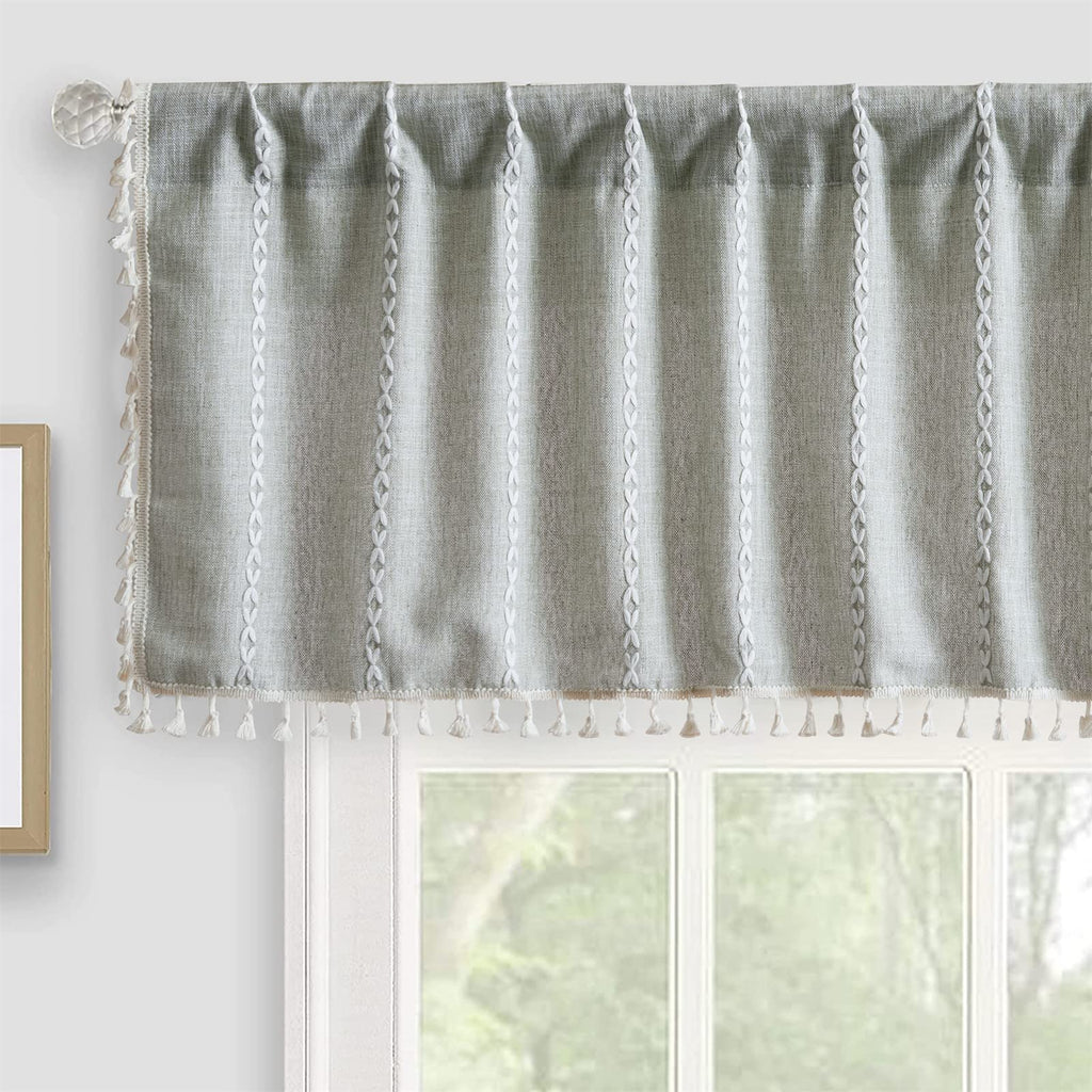 Roomtalks Sage Green Boho Kitchen Valances For Windows Rod Pocket 18’’L X 52’’W Spring Summer French Striped Modern Farmhouse Chic Tassel Curtain Valances For Bathroom Living Room