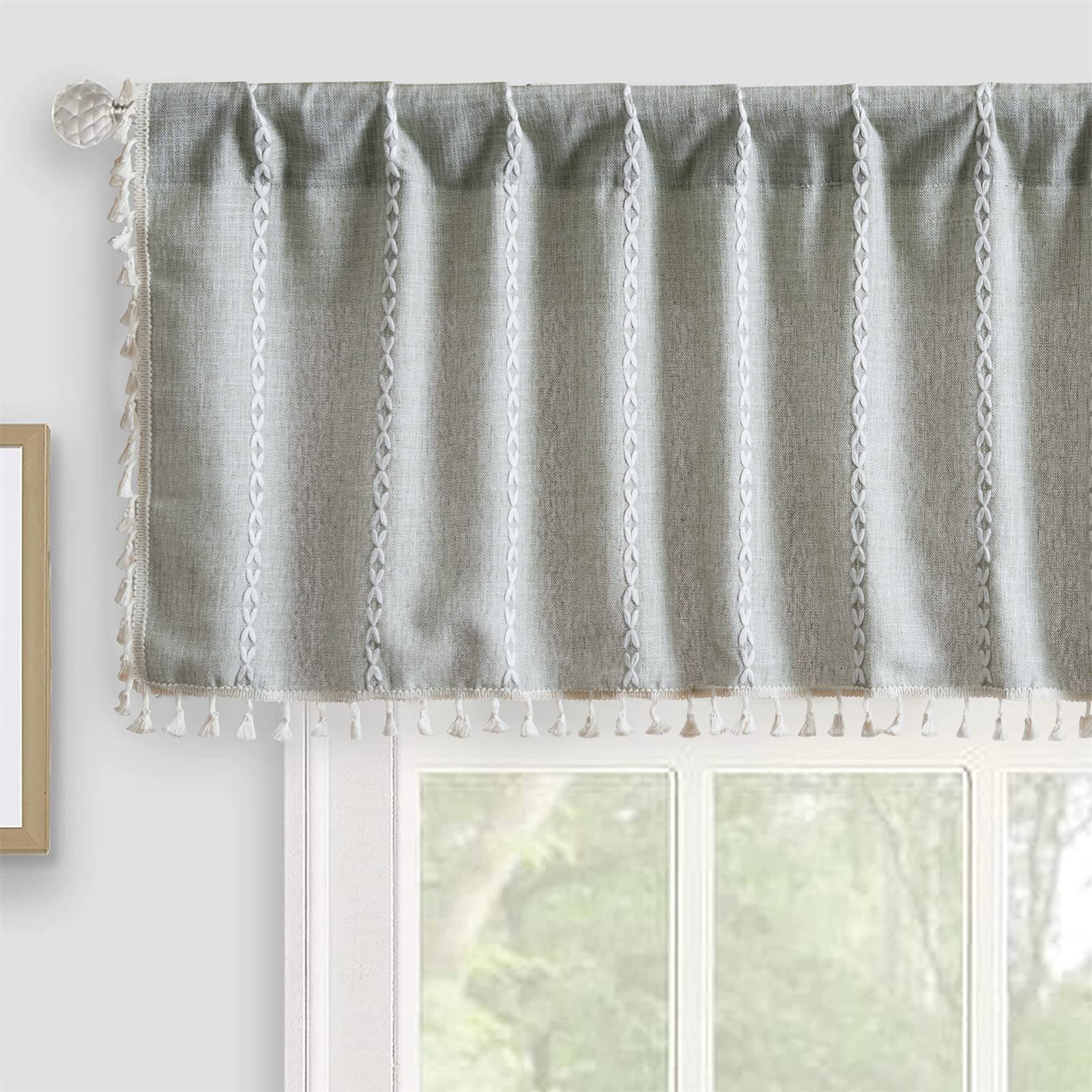 Roomtalks Sage Green Boho Kitchen Valances For Windows Rod Pocket 18’’L X 52’’W Spring Summer French Striped Modern Farmhouse Chic Tassel Curtain Valances For Bathroom Living Room
