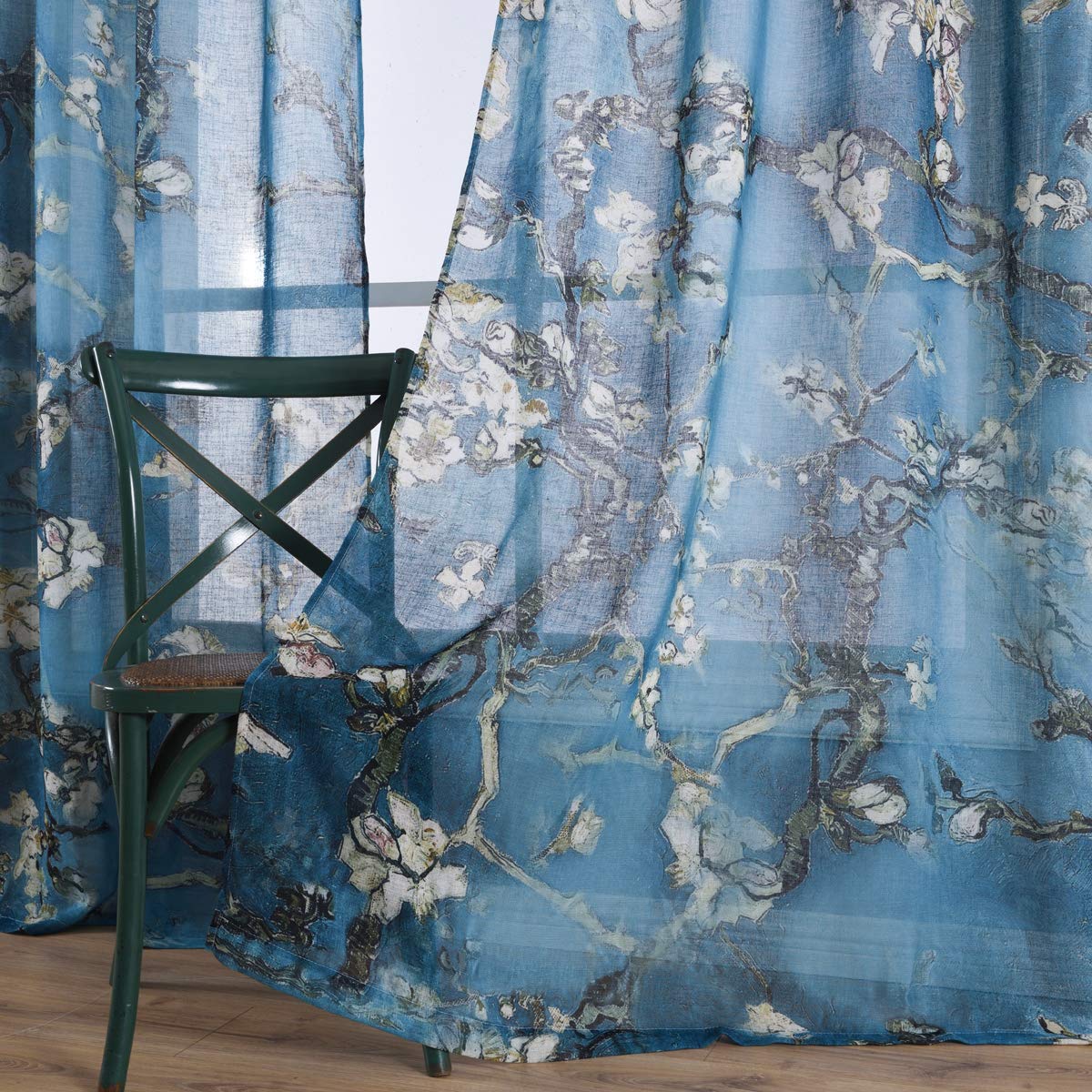 Taisier Home Apricot Blossom Sheer Curtains Printed,Vintage Blue Curtain Drapes For Bedroom/Nursery Elegant Decorative Curtains