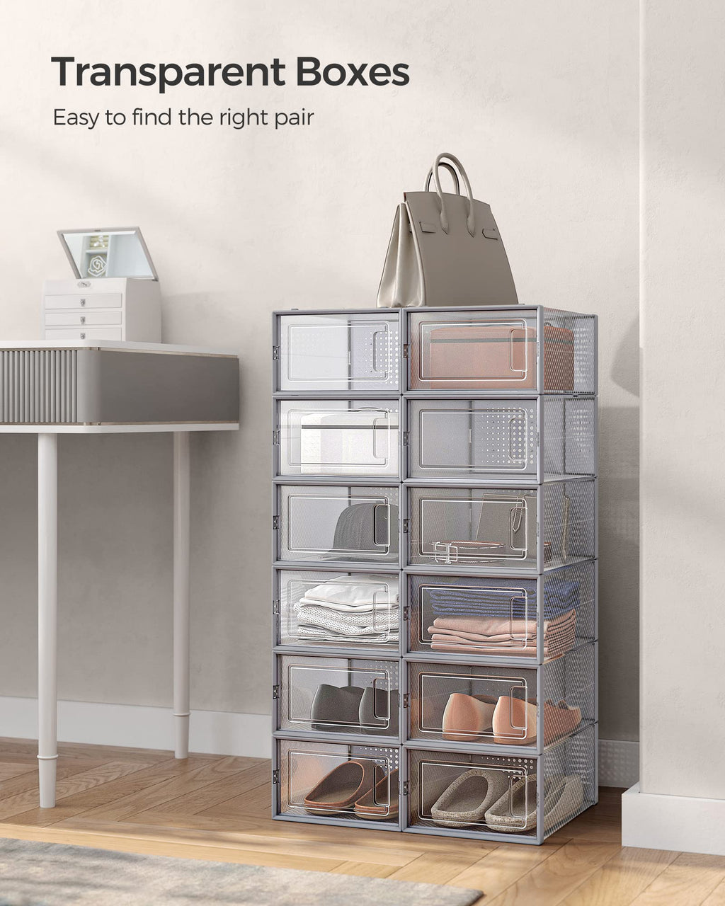 Songmics Shoe Boxes, Pack Of 12 Shoe Storage Organizers, Stackable Clear Plastic Boxes For Closet, Sneakers, 9.1 X 13.1 X 5.6 Inches, Fit Up To Us Size 11, Transparent And Gray Ulsp006G12