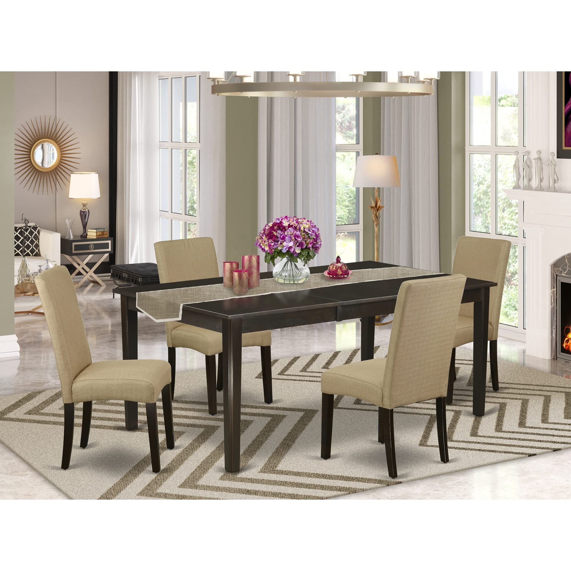 East West Furniture Henley 5 Piece Room Furniture Set Includes A Rectangle Dining Table With Pedestal And 4 Brown Linen Fabric Parsons Chairs, 42X72 Inch, Cappuccino