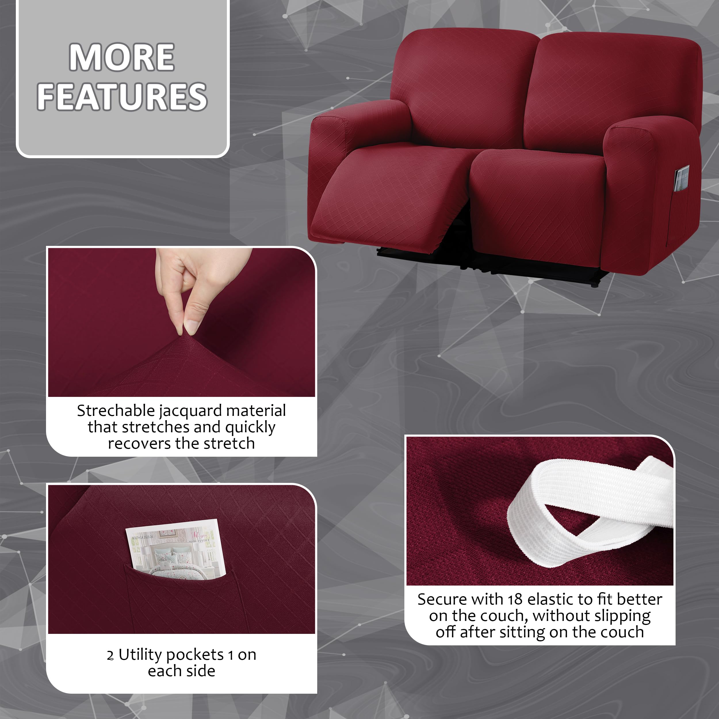 Ulticor Squared Jacquard Design, Reclining Loveseat Slipcover, 48'' - 65'' L, 2 Seat 6-Piece Loveseat Recliner Cover,Loveseat Re