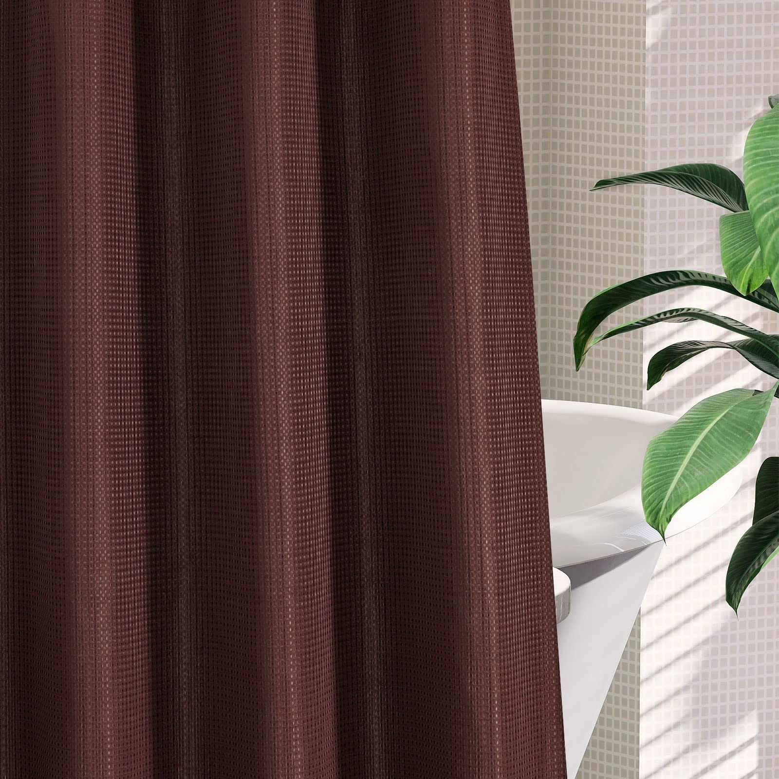 Mitovilla No Hooks Required Extra Long Shower Curtain Set With Snap-In Liner, 86 Inch Xl Brown Waffle Heavyweight Fabric Cloth S