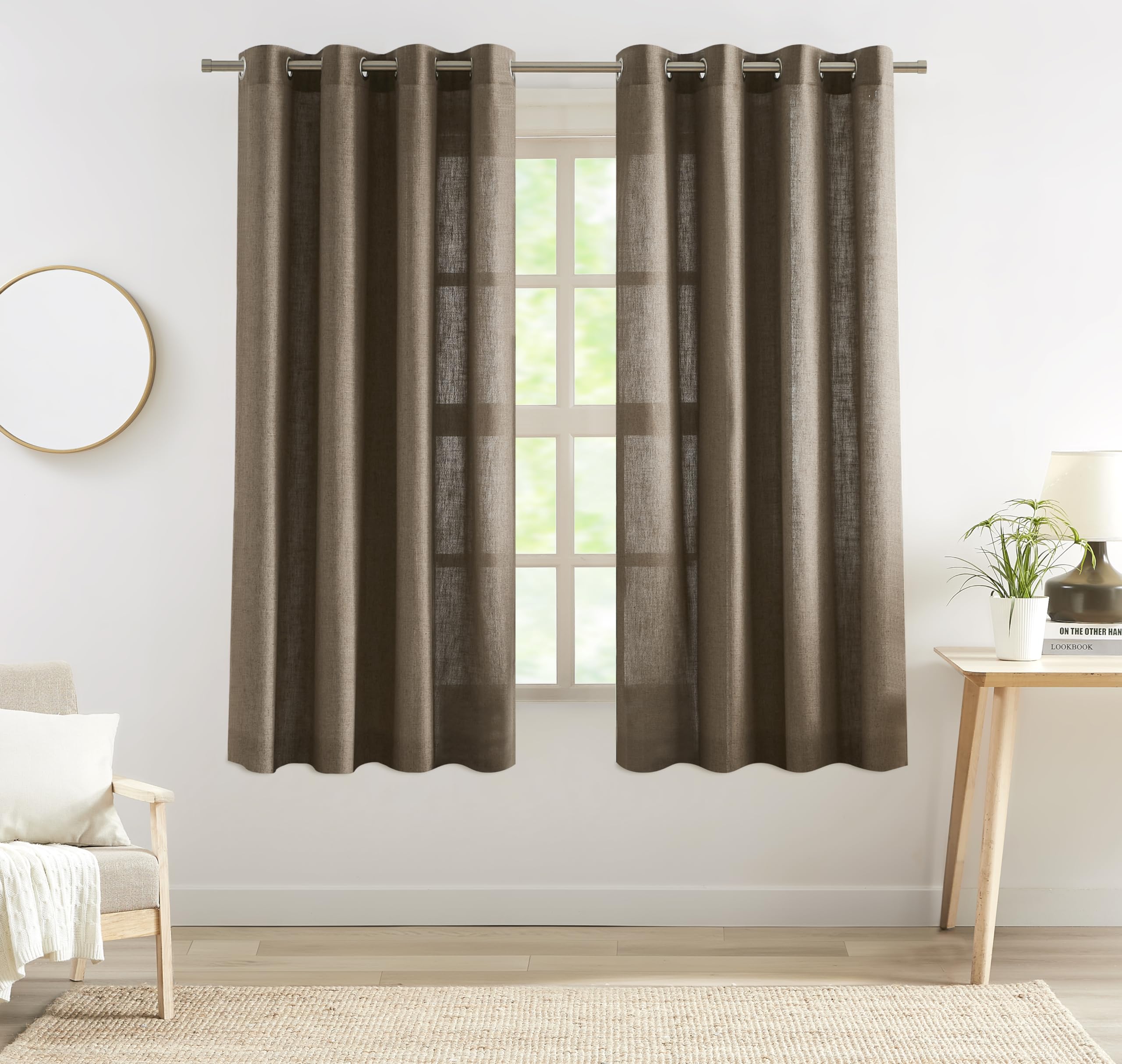 Central Park Linen Grommet Semi Sheer Curtain Panel 72 Inches Long For Living Room, Flax Linen Blended Farmhouse Rustic Light Fi
