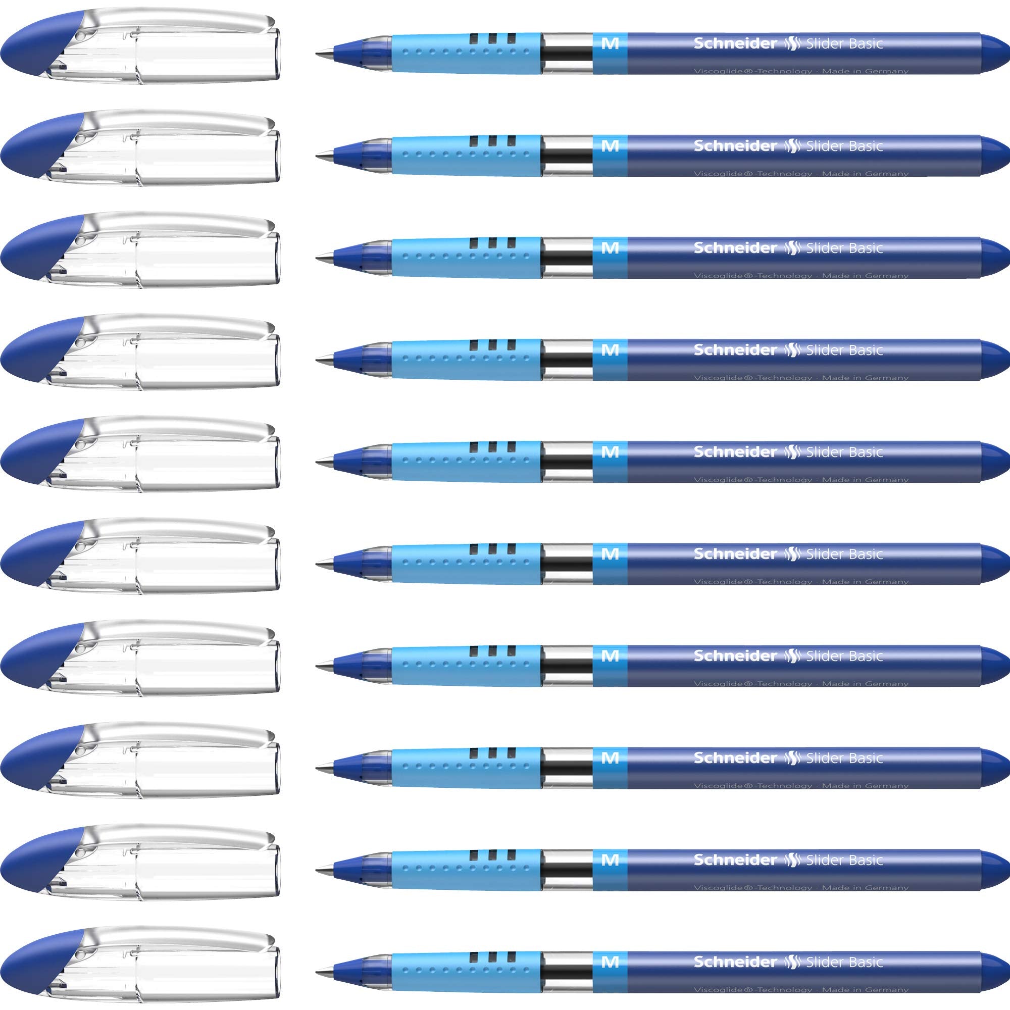 Schneider Slider Basic M (Medium) Ballpoint Pen, 1.0 Mm, Transparent Barrel, Blue Ink, Box Of 10 Pens (151103)