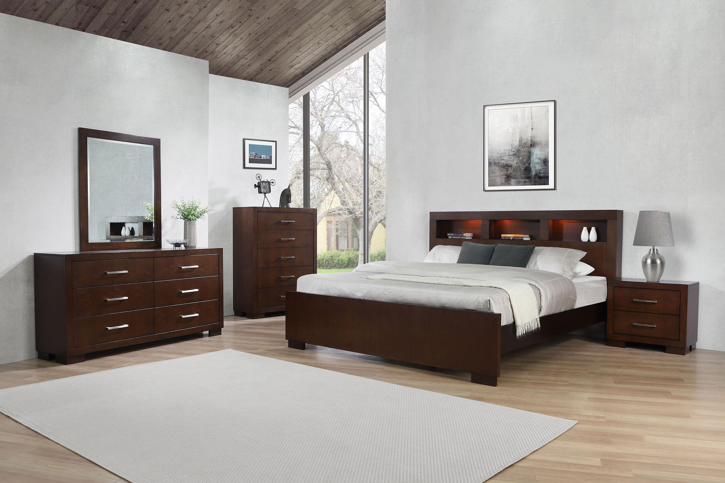 Coaster Home Furnishings Jessica Contemporary 5-Piece Bedroom Set Eastern King Size LED Storage Bookcase Bed Frame 47-inch Headboard Cappuccino 200719KE-S5