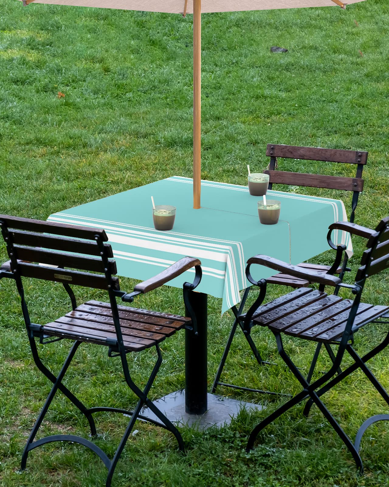 Queenker Outdoor Tablecloth With Umbrella Hole, Farmhouse Teal White Stripe Square Tables Waterproof Tabletop Collection For Pat