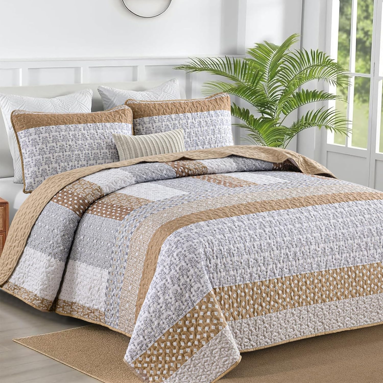 Wongs Bedding Brown Quilt Queen Size, Bohemian Stripe Quilt Sets 3 Pieces Boho Quilted Bedspread Set Lightweight Microfiber Cove