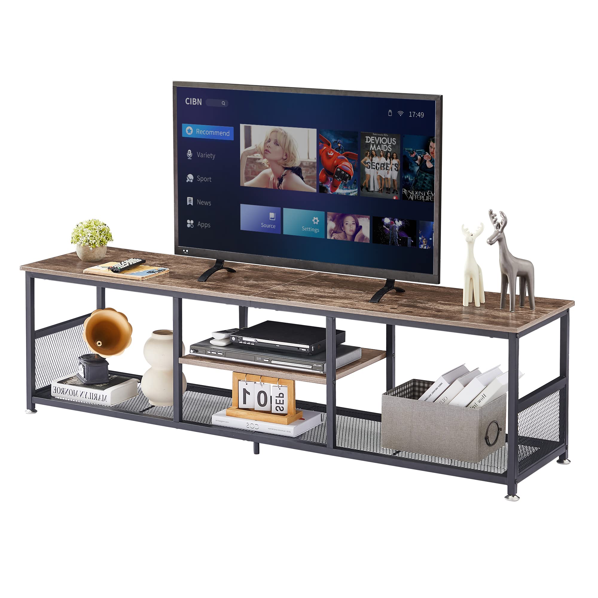 VECELO Industrial TV Stand for Televisions up to 70 Inch, 62 Entertainment Center with Open Storage Shelves for Living Room/Bedr