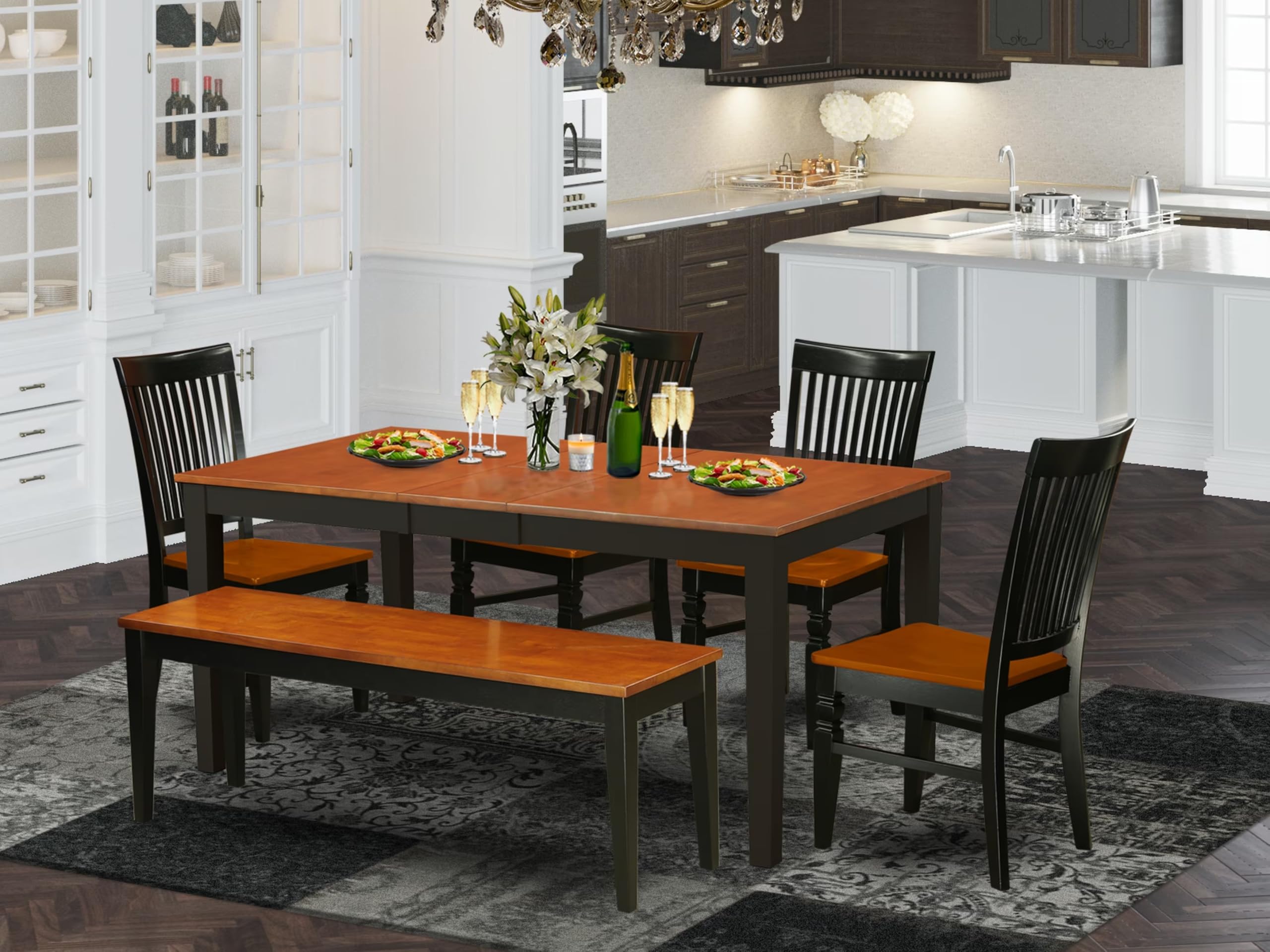 East West Furniture Niwe6-Bch-W 6 Piece Dining Table Set Contains A Rectangle Dinner Table With Butterfly Leaf And 4 Dining Room Chairs With A Bench, 36X66 Inch, Black & Cherry