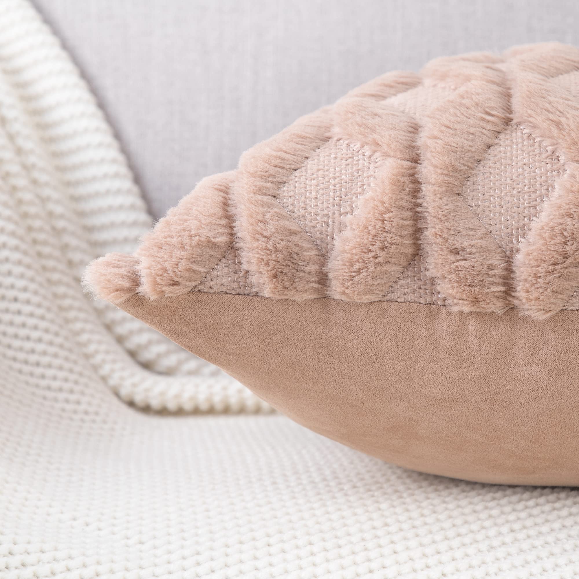 Madizz Set Of 2 Soft Plush Short Wool Velvet Decorative Throw Pillow Covers 16X16 Inch Light Brown Square Luxury Style Cushion C