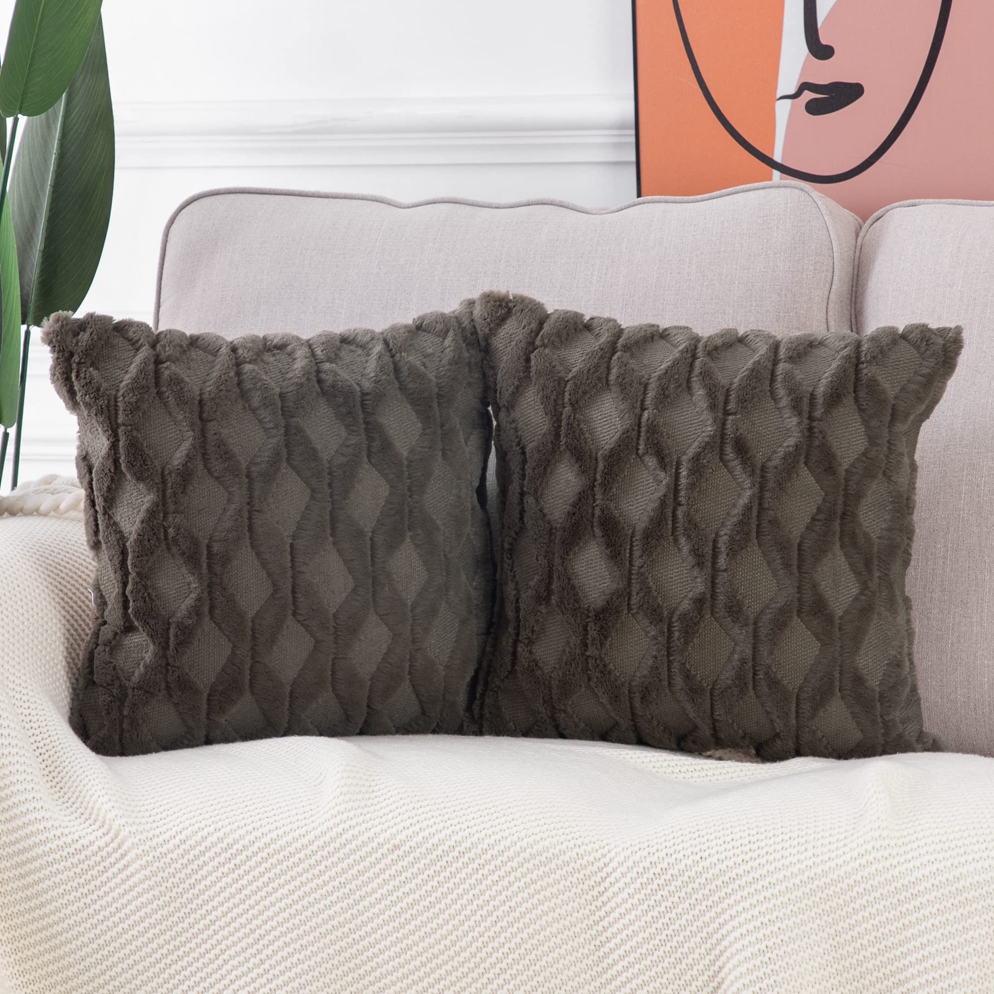 Madizz Set Of 2 Soft Plush Short Wool Velvet Decorative Throw Pillow Covers 20X20 Inch Dark Taupe Square Luxury Style Cushion Ca