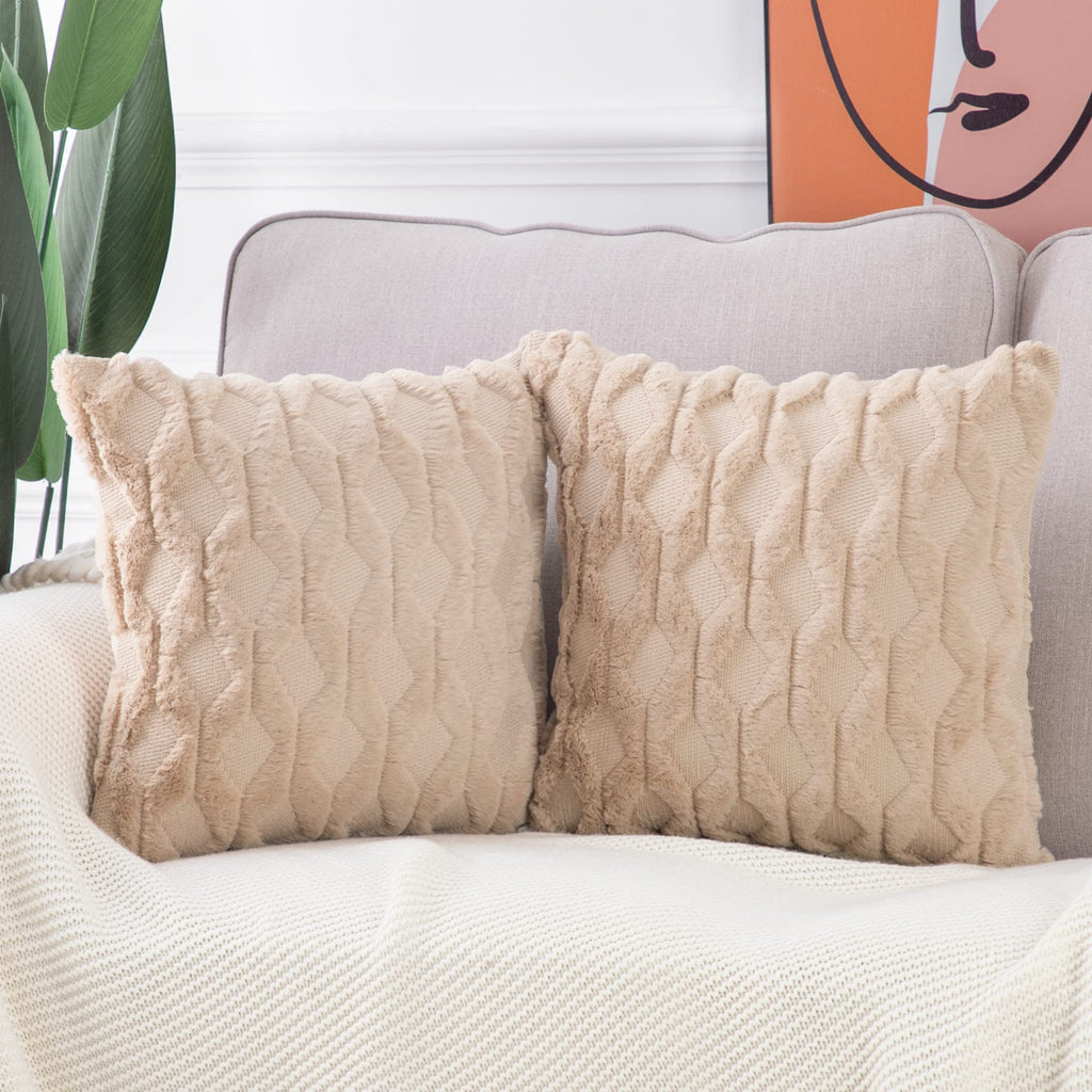 Madizz Set Of 2 Soft Plush Short Wool Velvet Decorative Throw Pillow Covers 24X24 Inch Khaki Square Luxury Style Cushion Cases E