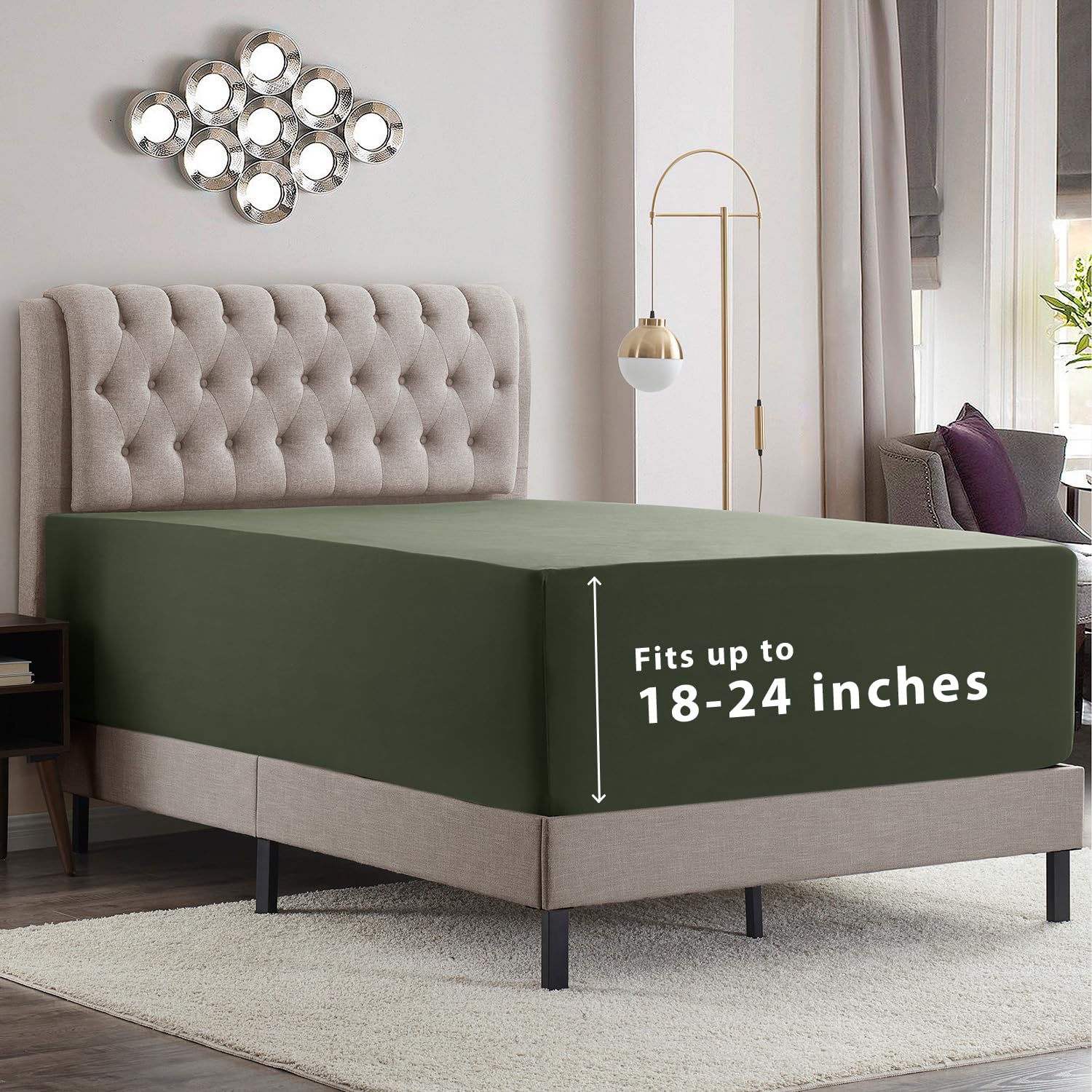 Empyrean Extra Deep Full Size Fitted Sheet - Deep Pocket Fits 18 To 24 Inch, Soft Microfiber 110 Gsm, Olive Green