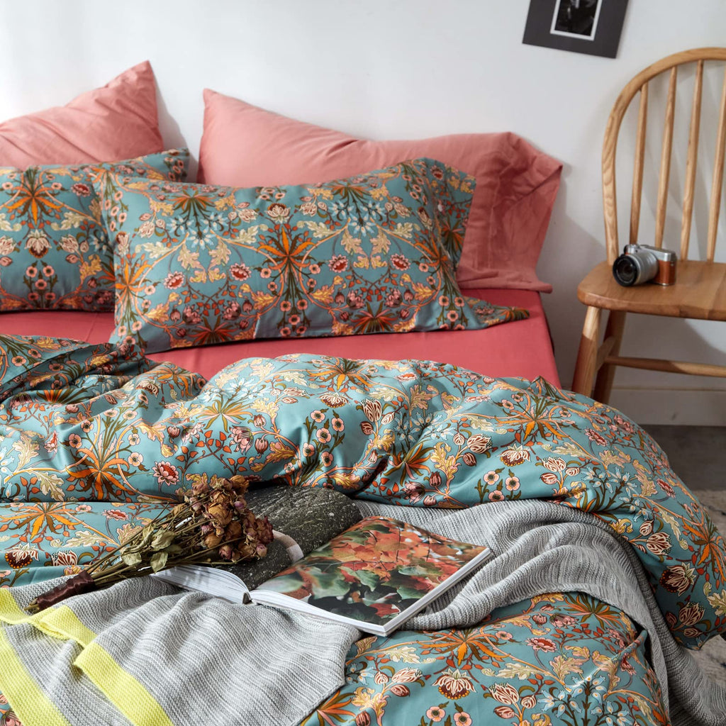 Mixinni Vintage Style Garden Flower Queen Duvet Cover With Zipper Closure Soft Long Staple Percale Cotton Vibrant Pattern On Blu