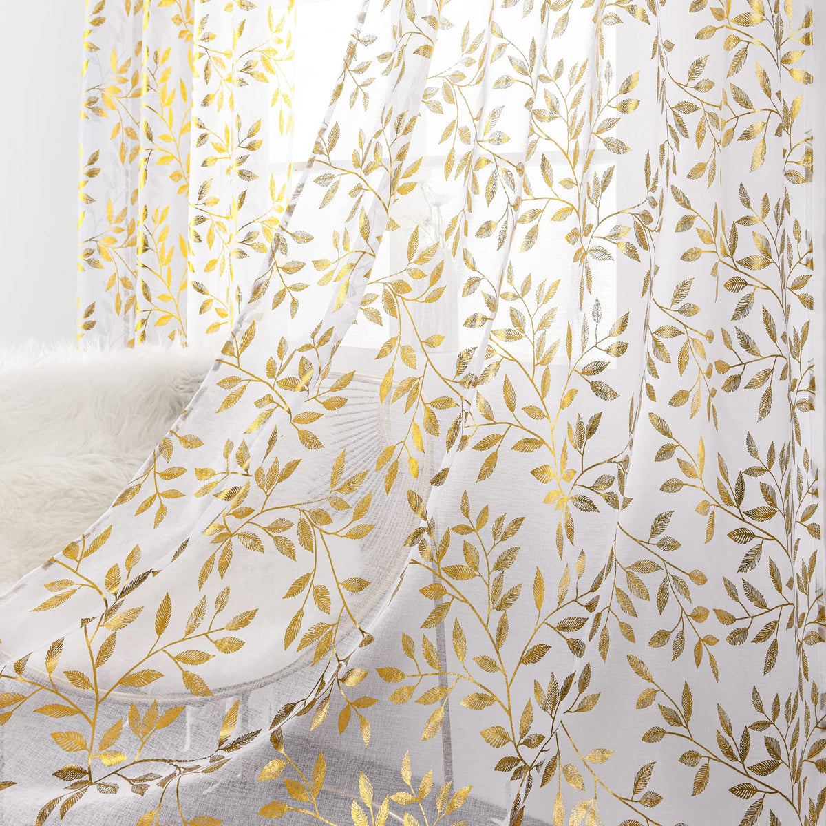 Deeprove Sheer Curtains 84 Inch Length 2 Panels Set, Gold Foil Metallic Leaves Print Window Treatments For Bedroom, Tropical Bro