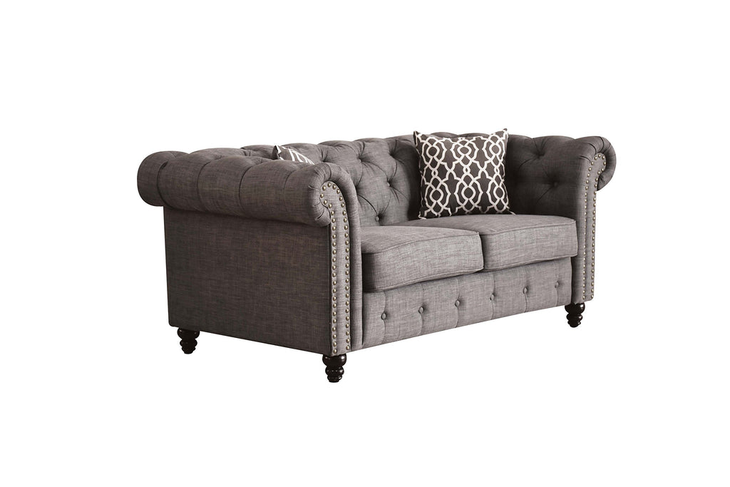 Acme Aurelia Tuxedo Linen Fabric Tufted Loveseat with Nailhead Trim in Brown