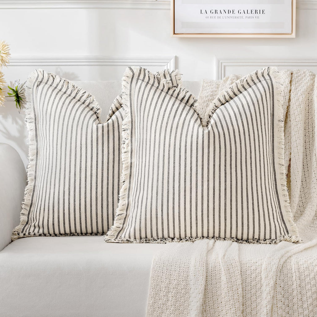 Miulee Pack Of 2 Gray Pillow Covers 18X18 Inch Striped Farmhouse Couch Throw Pillow Covers With Fringe Chic Linen Decorative Cushion Covers For Sofa Living Room Bed Home Decor