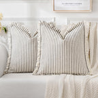 Miulee Pack Of 2 Gray Pillow Covers 18X18 Inch Striped Farmhouse Couch Throw Pillow Covers With Fringe Chic Linen Decorative Cushion Covers For Sofa Living Room Bed Home Decor