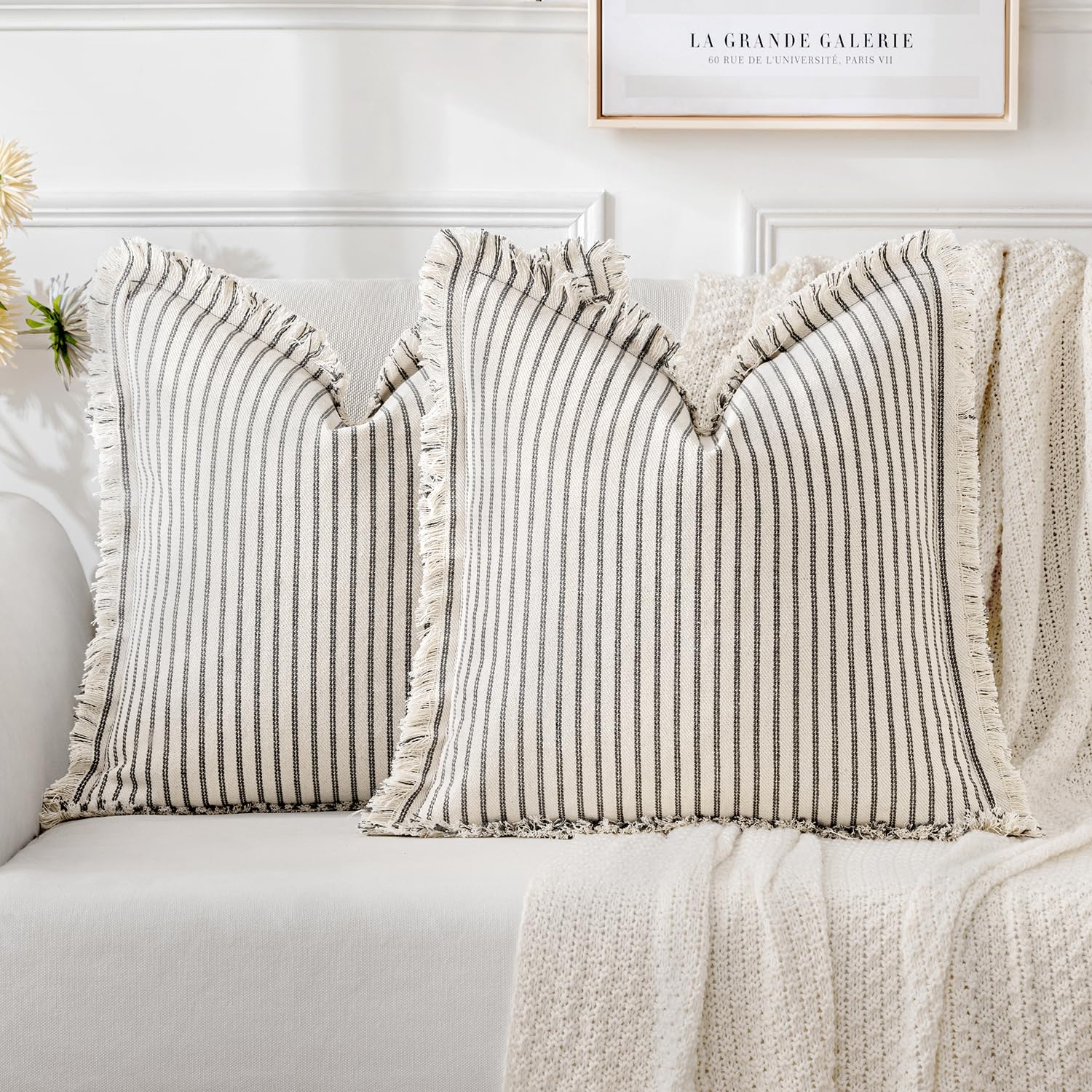 Miulee Pack Of 2 Gray Pillow Covers 18X18 Inch Striped Farmhouse Couch Throw Pillow Covers With Fringe Chic Linen Decorative Cushion Covers For Sofa Living Room Bed Home Decor