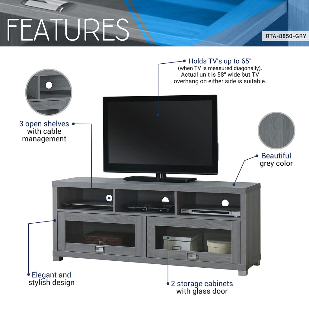 65” Tv Stand With Storage & Glass Display Cabinets, Grey Tv Stand For Living Room Or Bedroom With Cable Management, Fits Screens Up To 65 Inches When Measured Diagonally, Grey