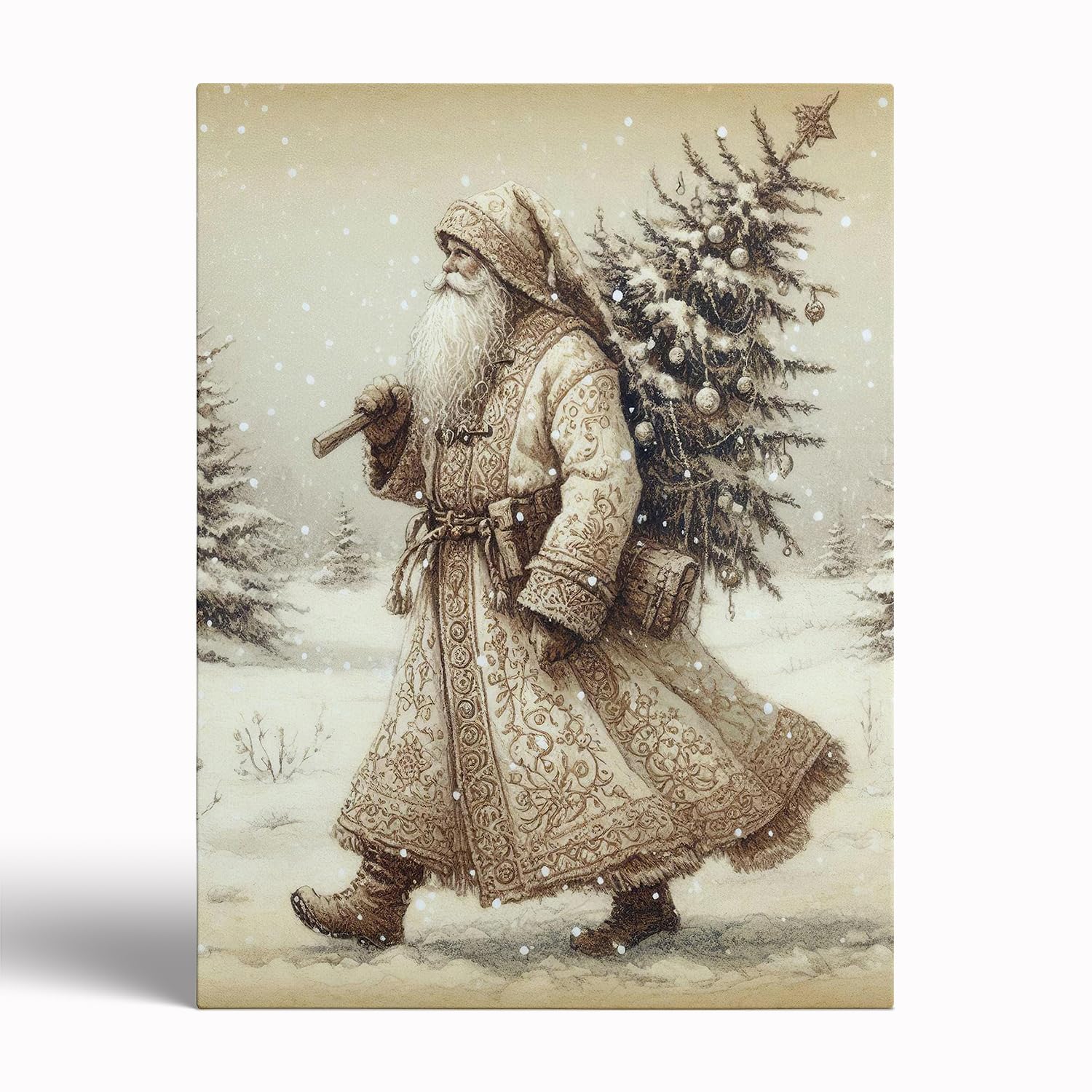 Vintage Santa Claus Art Print,Neutral Christmas Wall Art,Beige Vertical Old World Santa Painting,Winter Holiday Scenes Prints,An