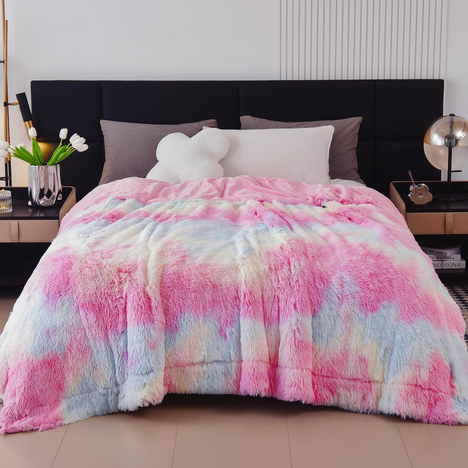 Gonaap Fuzzy Faux Fur Throw Blanket Queen Size Tie-Dye Rainbow Super Soft Cozy Plush Fuzzy Shaggy Blanket For Couch Sofa Bed (Ti