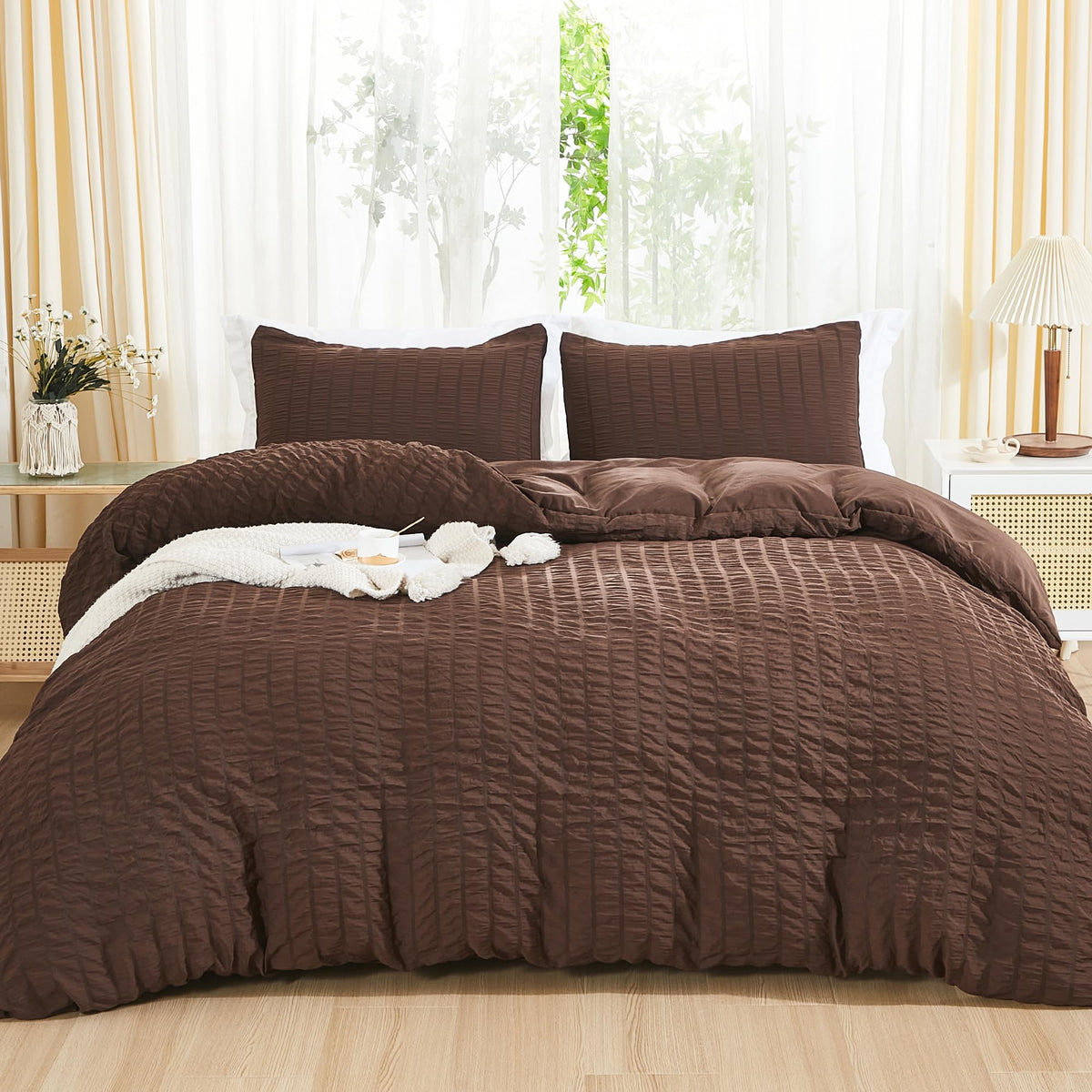 Avelom Seersucker Duvet Cover Set Queen Size (90 X 90 Inches), 3 Pieces (1 Duvet Cover, 2 Pillow Cases), Brown Ultra Soft Washed Microfiber, Textured Duvet Cover With Zipper Closure, Corner Ties