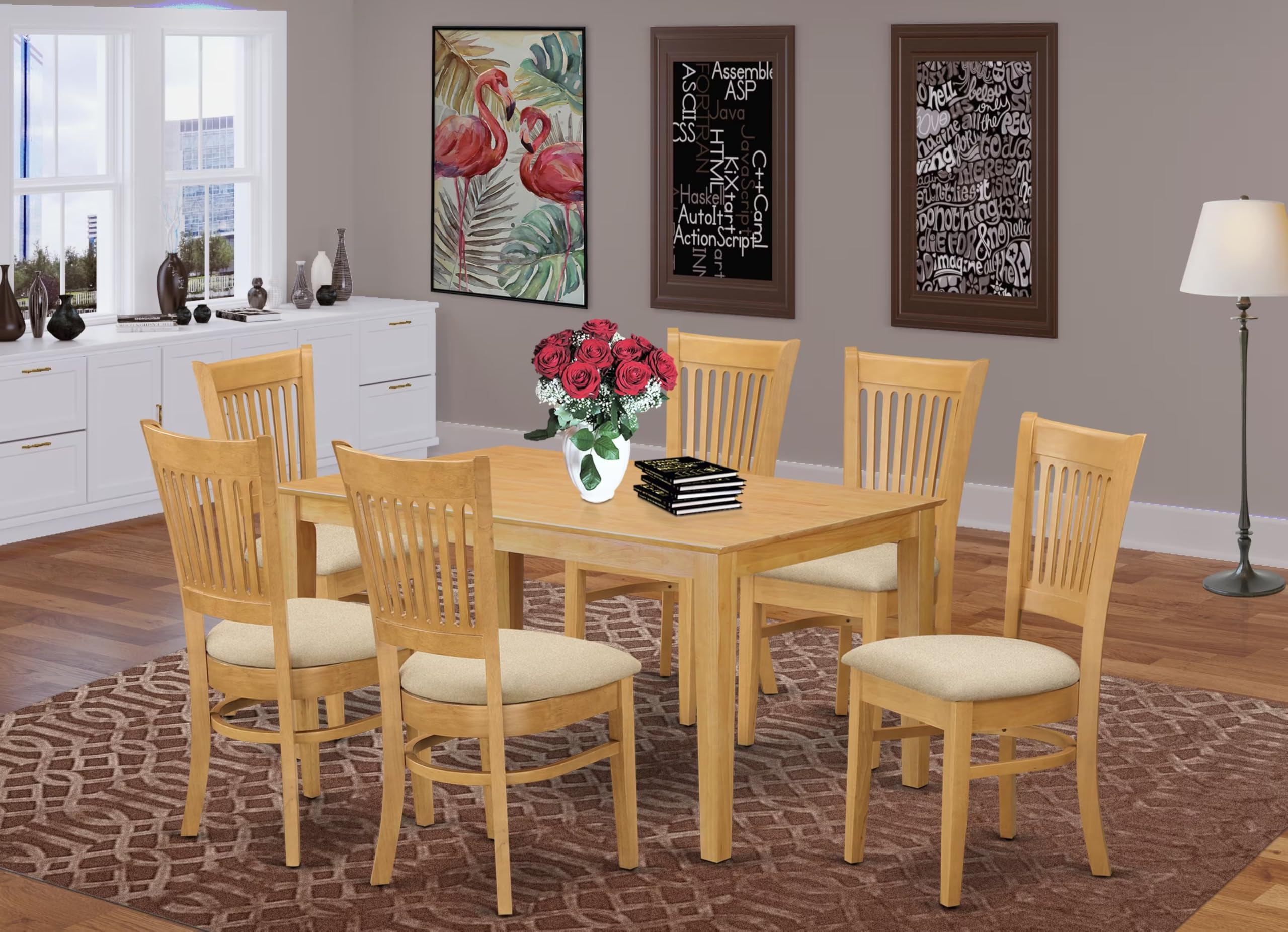 East West Furniture CAVA7-OAK-C 7 Piece Dining Table Set Consist of a Rectangle Wooden Table and 6 Linen Fabric Dining Room Chairs, 36x60 Inch, Oak