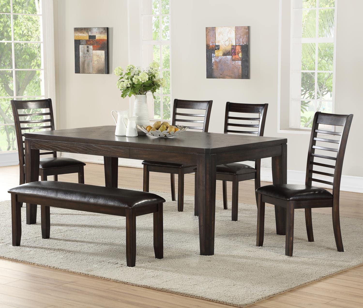 Steve Silver Furniture Ally 6pc Dining Table Set, 60-Inch Table with 18-Inch Extendable Leaf, 4 Upholstered Side Chairs with Bench, Contemporary Design, Dining Room, 42" L x 78" W x 31" H, Brown