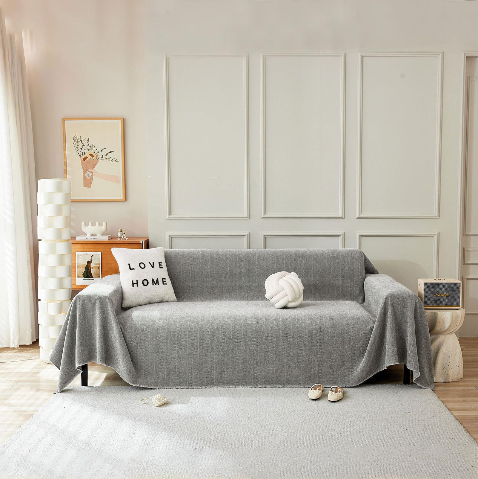 Handontime Couch Slipcovers For Sofas Dark Grey Couch Cover Sofa Cover For Dogs Boho Pet Couch Protector With Tassel Couch Throw Cover Chenille Herringbone Couch Cover Sofa 2 3 Seat Cover, 91' X134'