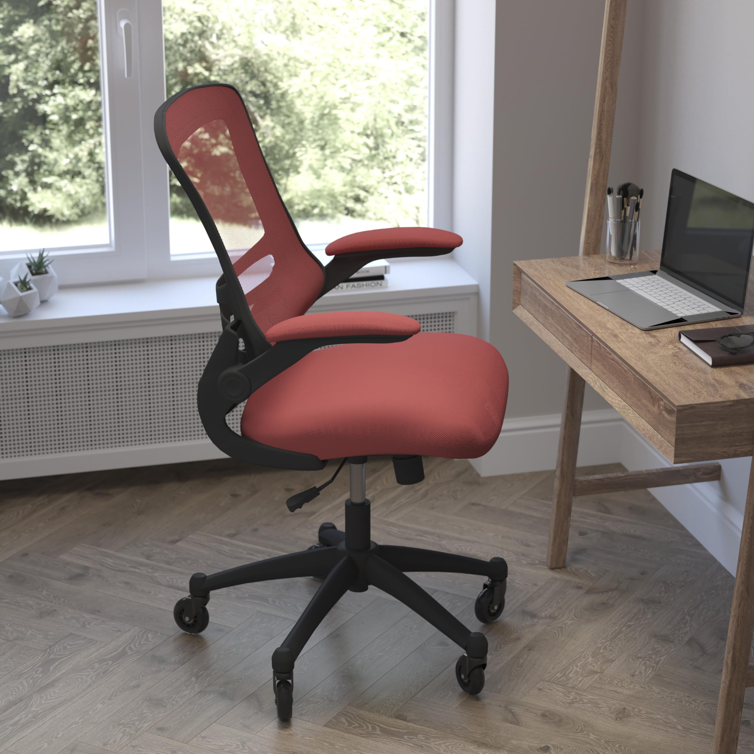 Flash Furniture Kelista Mid-Back Red Mesh Swivel Ergonomic Task Office Chair With Flip-Up Arms And Transparent Roller Wheels
