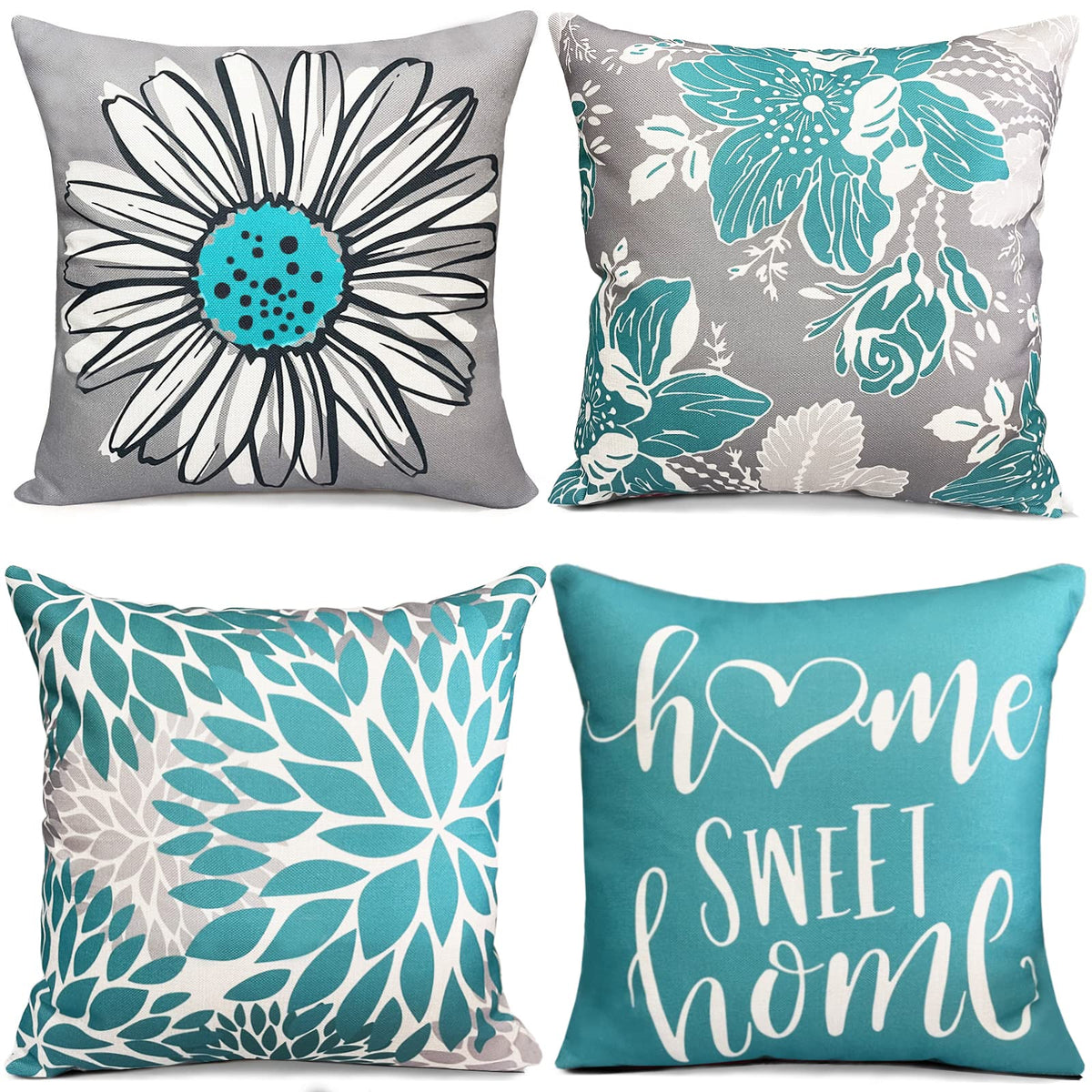 Rysmiyou Decorative Throw Pillow Covers 20X20 Inch Pillow Covers Set Of 4 Teal Pillow Cover Linen Square Pillow Case,Farmhouse T