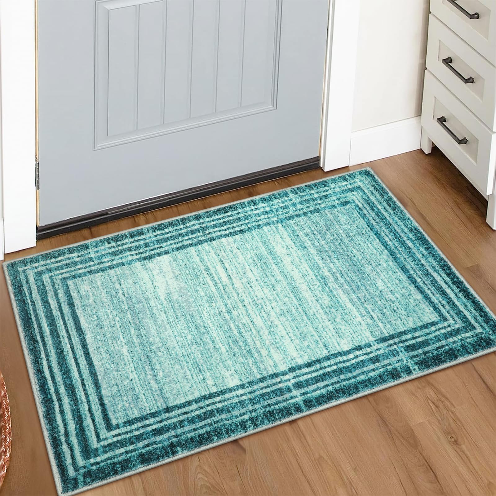 Lahome Abstract 2x3 Teal Kitchen Rug,Washable Low-Pile Entry Rug Non-Slip Door Mat Indoor Entryway Rug,Modern Bordered Soft Smal