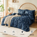 Muxhomo Navy Blue Bed In A Bag Queen 7 Pieces, Queen Comforter Set Reversible Botanical Flowers Design, Ultra Soft & Breathable